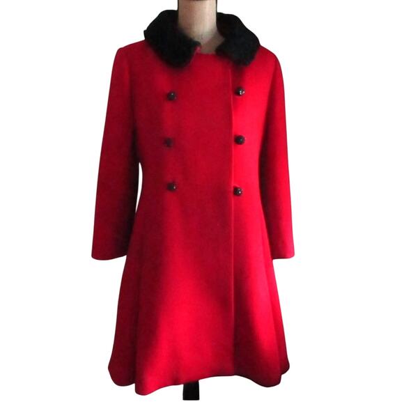 Vintage 60s Red Wool Swing Coat Size S Black Furry Collar A-Line Jackie O Mod - Picture 1 of 17